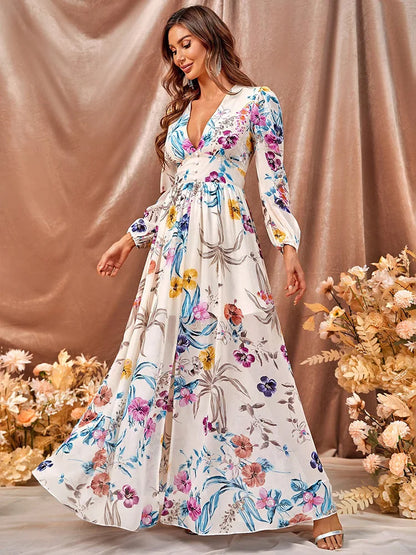 Robe Maxi Florale Élégante Femme – Col V Profond avec Manches Longues et Fente Latérale