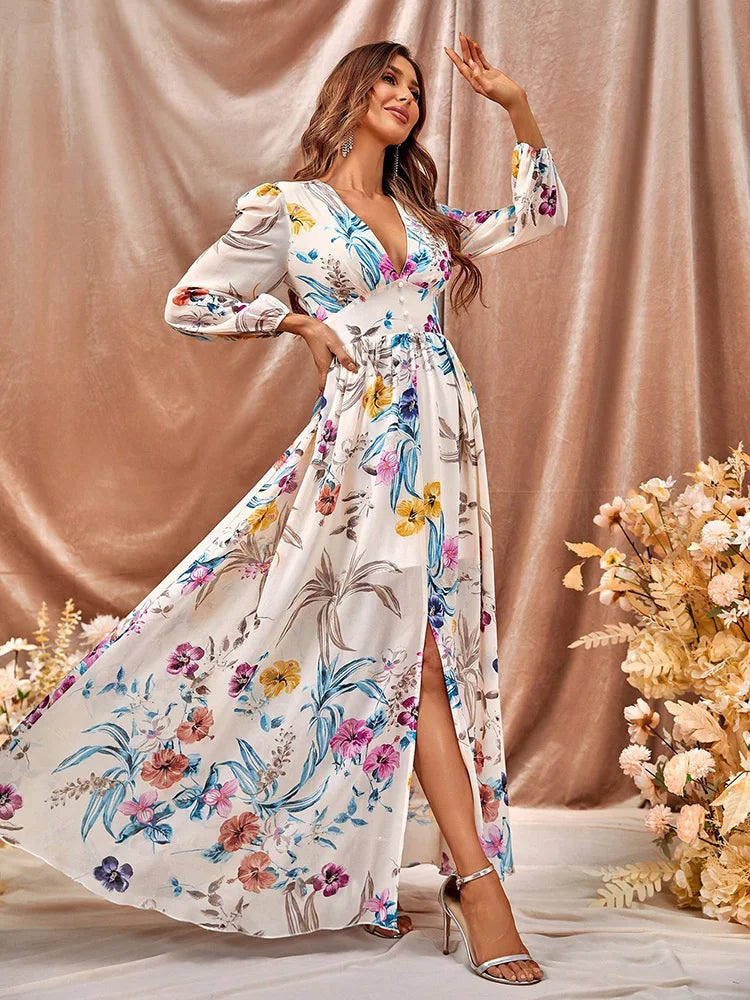 Robe Maxi Florale Élégante Femme – Col V Profond avec Manches Longues et Fente Latérale
