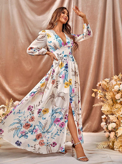 Robe Maxi Florale Élégante Femme – Col V Profond avec Manches Longues et Fente Latérale