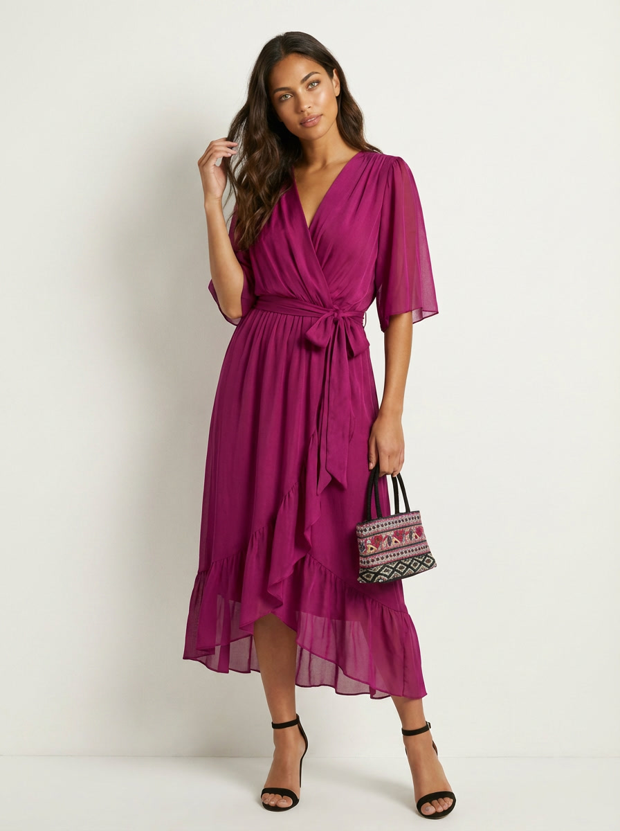 Robe portefeuille midi femme – Fluide et ceinturée