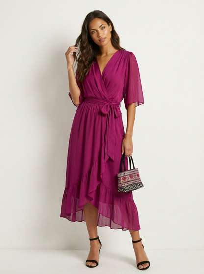 Robe portefeuille midi femme – Fluide et ceinturée