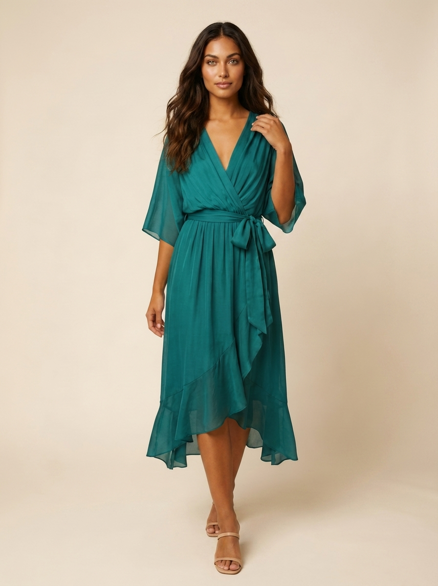 Robe portefeuille midi femme – Fluide et ceinturée