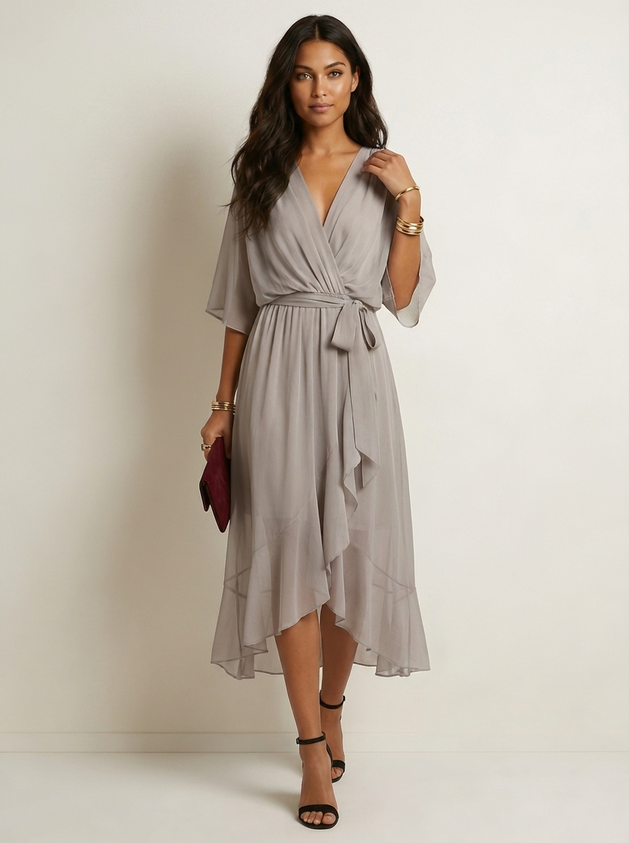 Robe portefeuille midi femme – Fluide et ceinturée