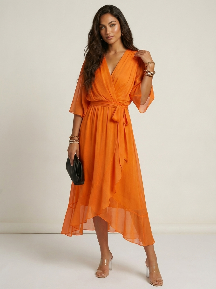Robe portefeuille midi femme – Fluide et ceinturée