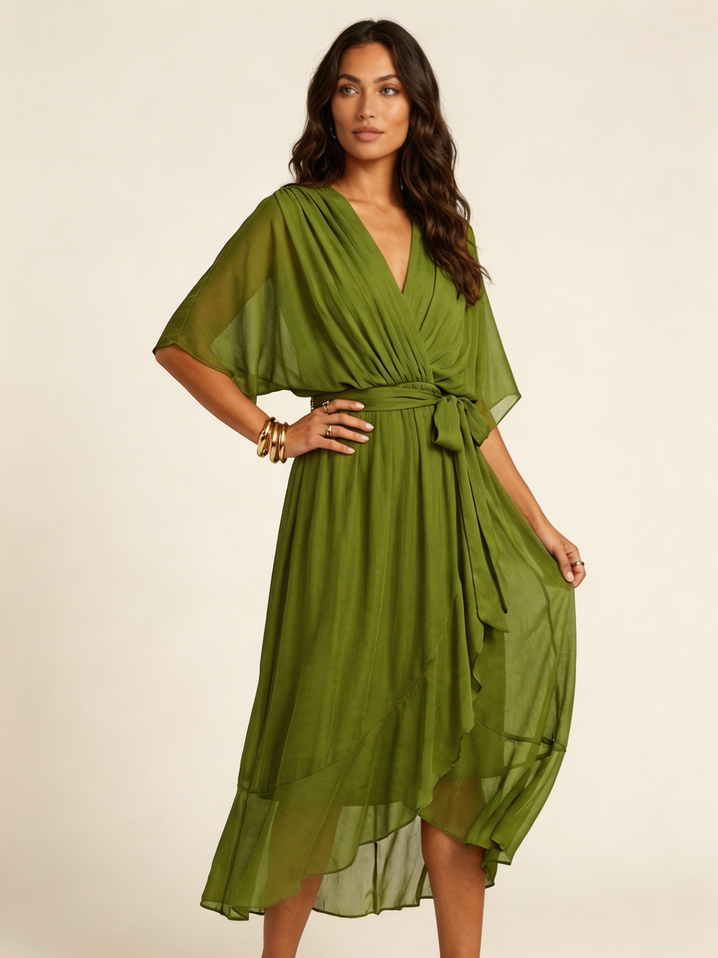 Robe portefeuille midi femme – Fluide et ceinturée