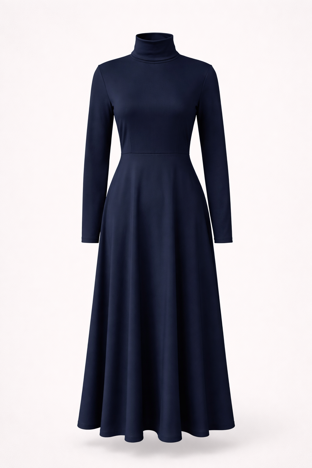 Robe Midi en Maille Bleu Marine Femme – Élégante Coupe A avec Col Montant et Manches Longues