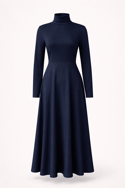 Robe Midi en Maille Bleu Marine Femme – Élégante Coupe A avec Col Montant et Manches Longues