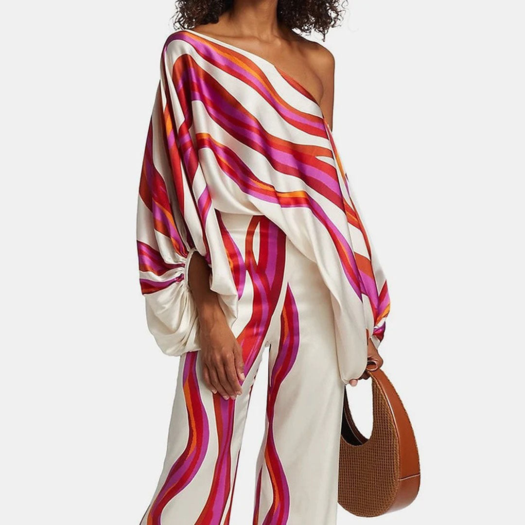 Ensemble Deux Pièces Satin à Épaule Asymétrique Femme – Élégant, Fluide Léger
