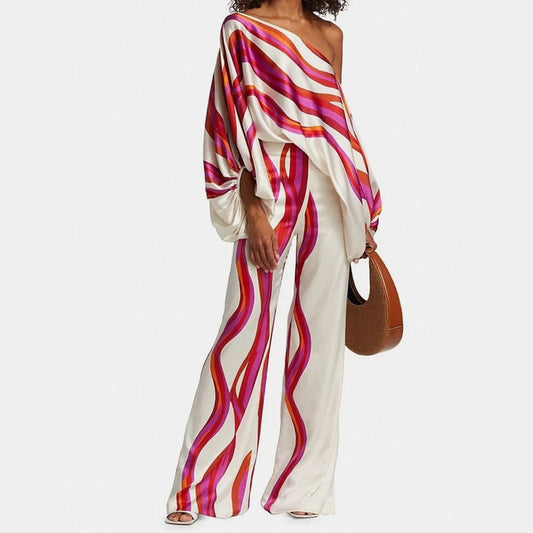Ensemble Deux Pièces Satin à Épaule Asymétrique Femme – Élégant, Fluide Léger