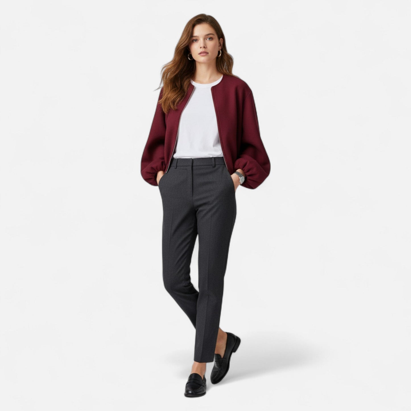 Blouson rétro zippé pour femme – Col rond, style urbain décontracté
