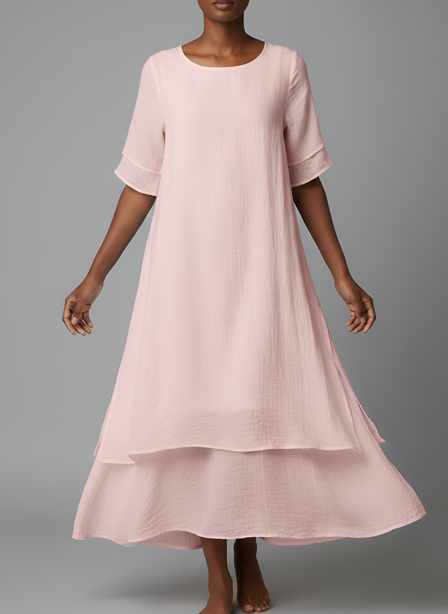 Robe maxi femme en coton mélangé – Manches courtes et ourlet irrégulier