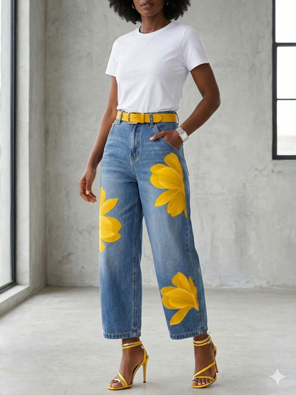 Jean femme jambe large a fleurs - Original et decontracte