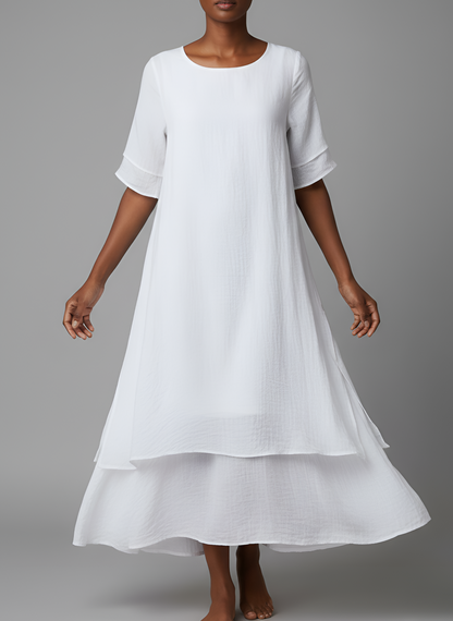 Robe maxi femme en coton mélangé – Manches courtes et ourlet irrégulier