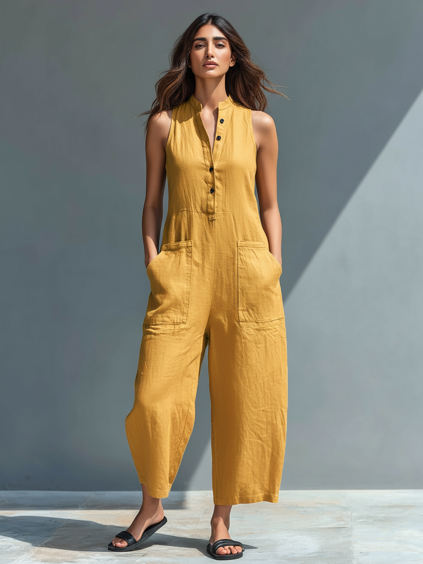 Combinaison femme sans manches en melange de lin - Minimaliste et moderne