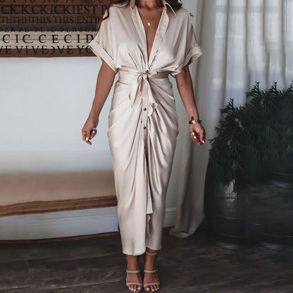 Robe Midi Satinée Femme Boutonnée Col V – Détail Taille Froncée Manches Longues