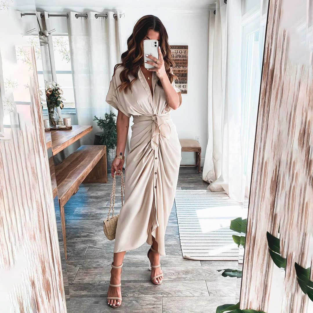 Robe Midi Satinée Femme Boutonnée Col V – Détail Taille Froncée Manches Longues