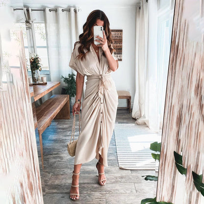 Robe Midi Satinée Femme Boutonnée Col V – Détail Taille Froncée Manches Longues