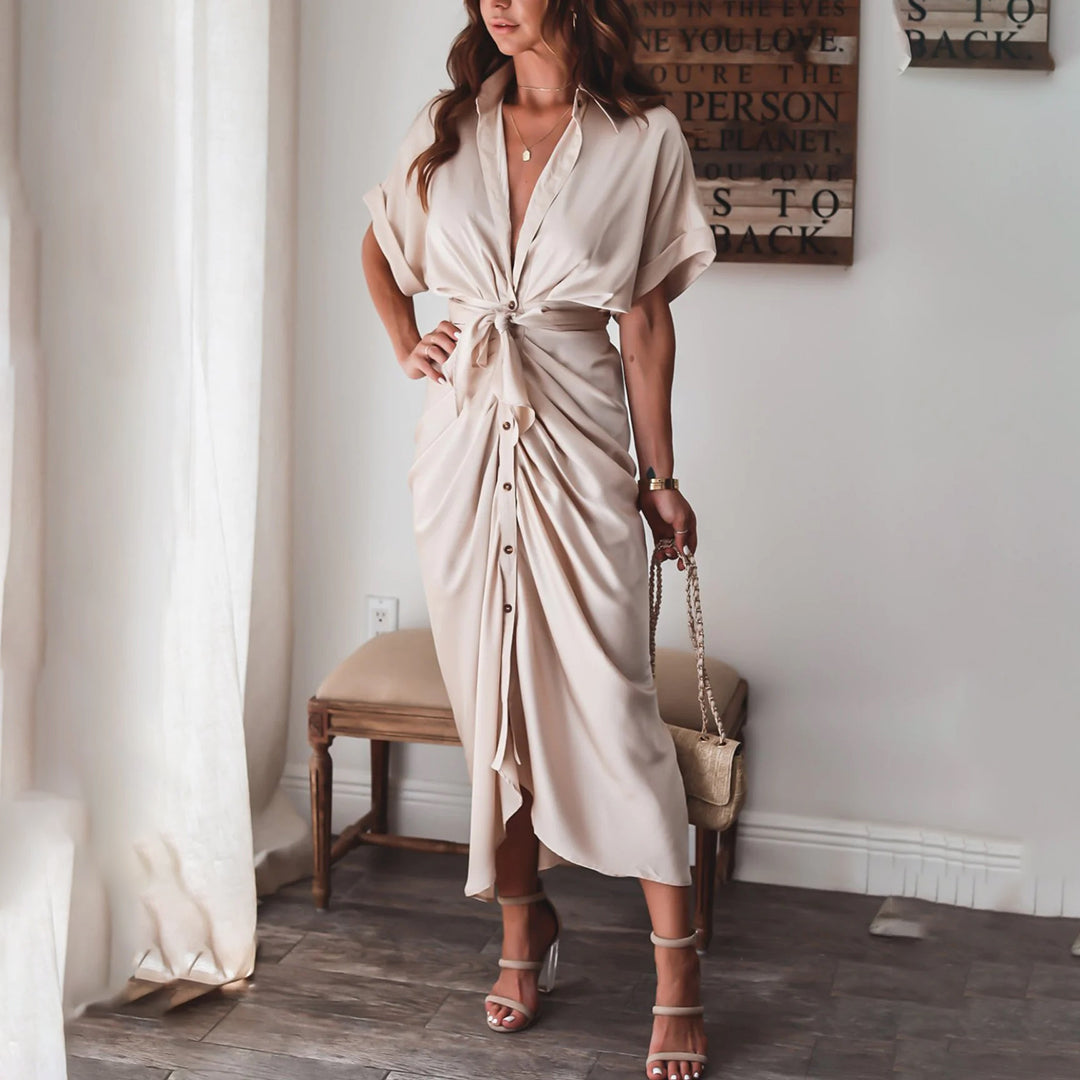 Robe Midi Satinée Femme Boutonnée Col V – Détail Taille Froncée Manches Longues