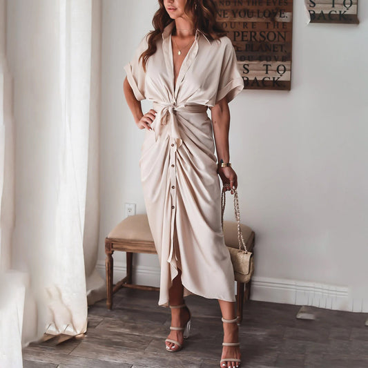 Buttoned Satin Midi Dress for Women with V-Neck – Gathered Waist Detail Long Sleeves