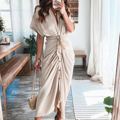 Robe Midi Satinée Femme Boutonnée Col V – Détail Taille Froncée Manches Longues