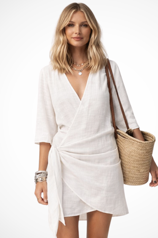 Short wrap dress for women – Tie waist, short sleeves, casual chic summer style