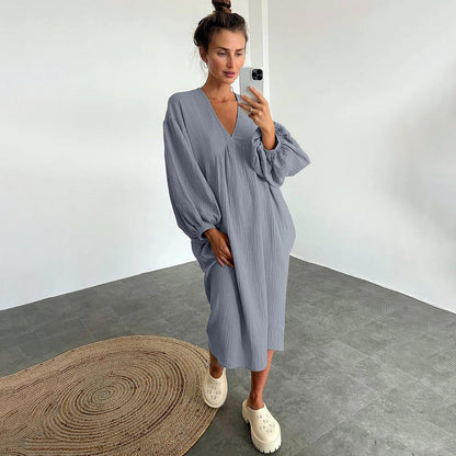 Robe Midi Décontractée pour Femme – Robe Ample à Col en V