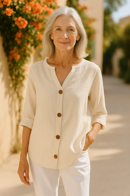 Beige linen Gretel blouse with buttons and Tunisian collar