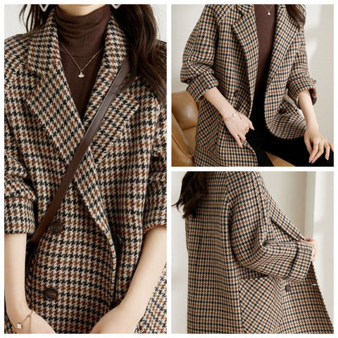 Manteau en Laine Pied-de-Poule pour Femmes – Manteau Élégant à Coupe Ample avec Revers