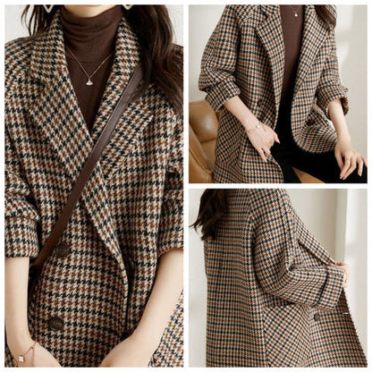 Manteau en Laine Pied-de-Poule pour Femmes – Manteau Élégant à Coupe Ample avec Revers