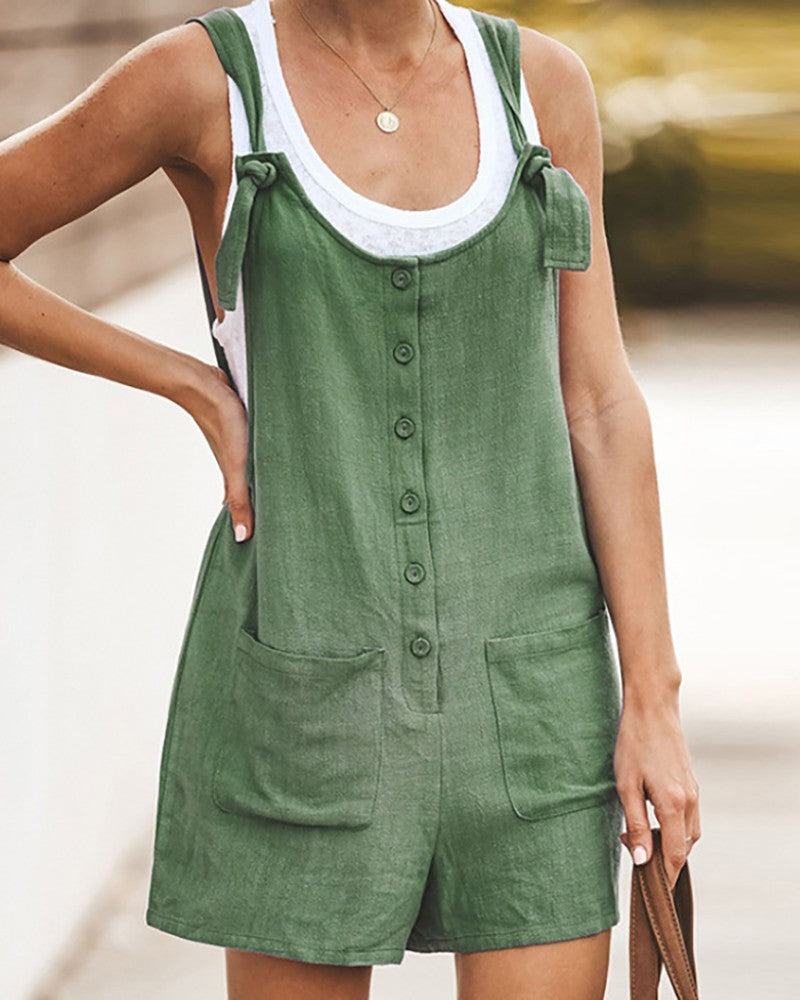 Combinaison Courte d’Été Amusante Femme – Style Sans Manches en Mélange de Lin