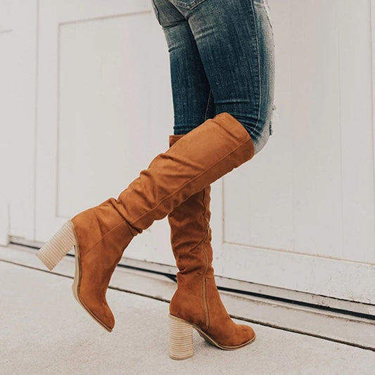 Bottes élégantes à talons hauts en daim jusqu’au genou pour femmes