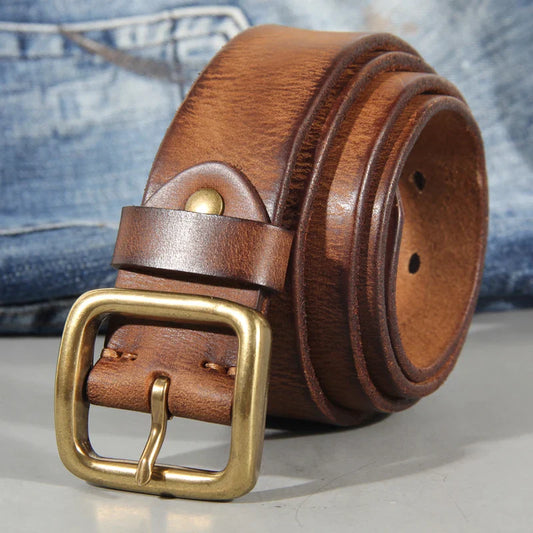 Men's genuine cowhide leather belt – Handmade belt with solid brass buckle for jeans and trousers