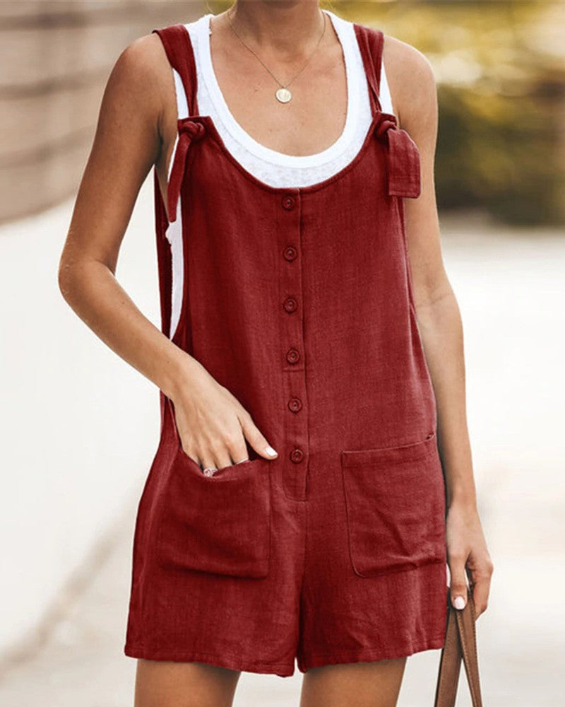 Combinaison Courte d’Été Amusante Femme – Style Sans Manches en Mélange de Lin
