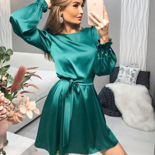 Elegant Mini Satin Dress for Women – Classic Chic Style with Long Sleeves