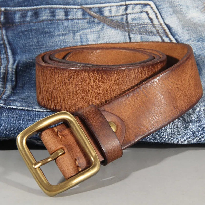 Men's genuine cowhide leather belt – Handmade belt with solid brass buckle for jeans and trousers