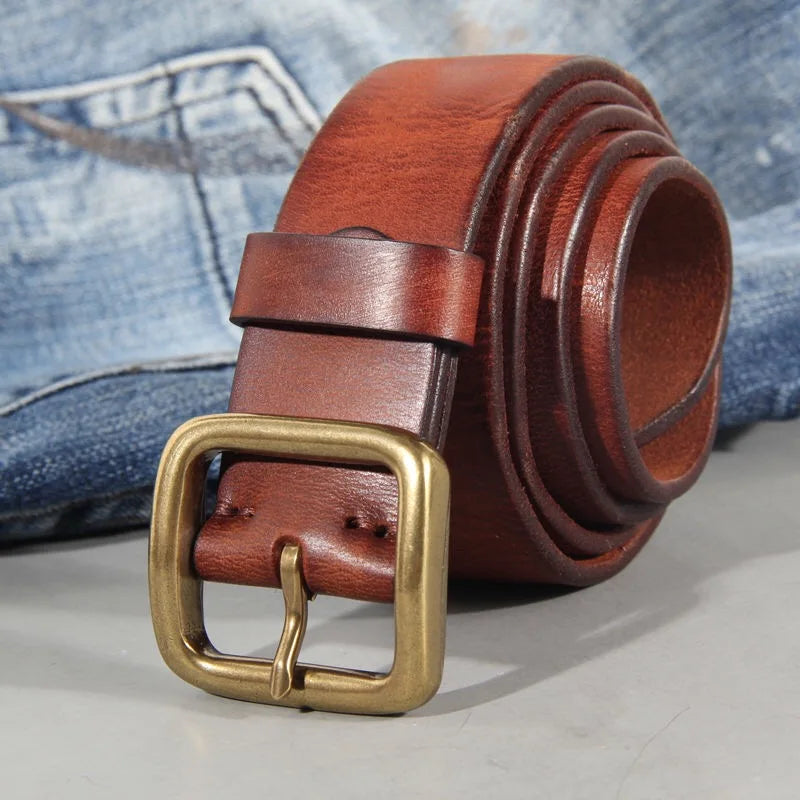 Men's genuine cowhide leather belt – Handmade belt with solid brass buckle for jeans and trousers