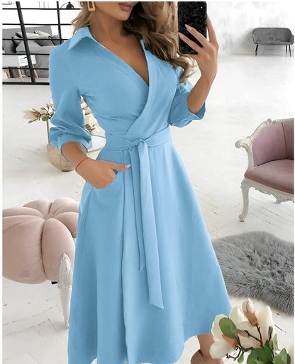 Robe Midi Élégante à Manches Longues et Enveloppement pour Femme – Col en V Style Occasions Spéciales