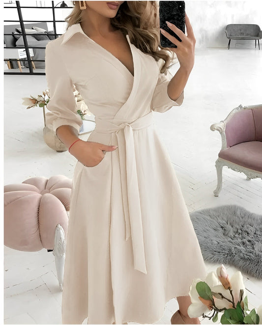 Elegant Mid-Length Dress with Long Sleeves and Wrap for Women – V-Neck Style for Special Occasions