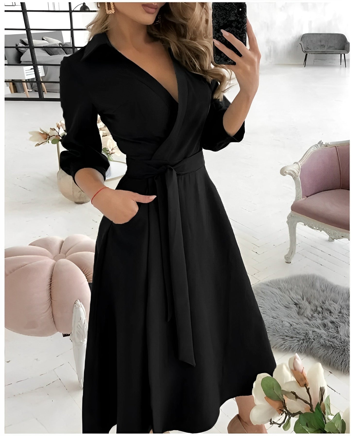 Robe Midi Élégante à Manches Longues et Enveloppement pour Femme – Col en V Style Occasions Spéciales