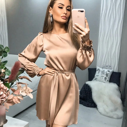 Robe Mini Satin Élégante Femme – Style Classique Chic à Manches Longues