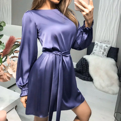 Robe Mini Satin Élégante Femme – Style Classique Chic à Manches Longues