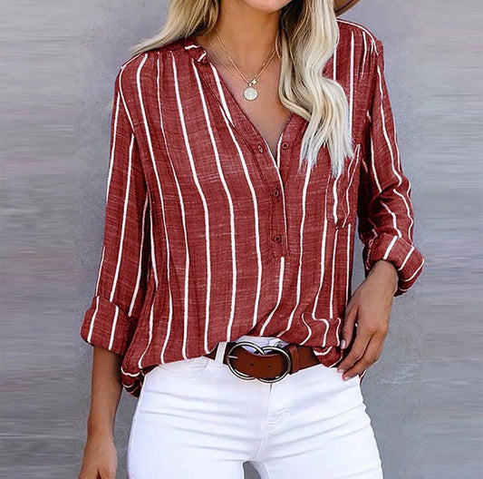 Chemise Femme Rayée Rouge Coupe Ample À Boutons Et Manches Réglables