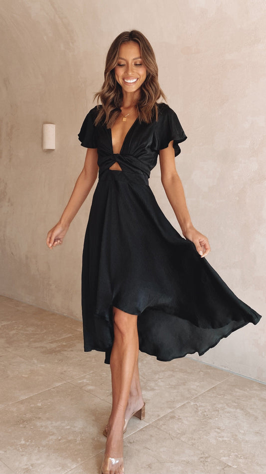 Robe midi satinée élégante à col en V profond pour femme – Manches papillon et jupe fluide asymétrique
