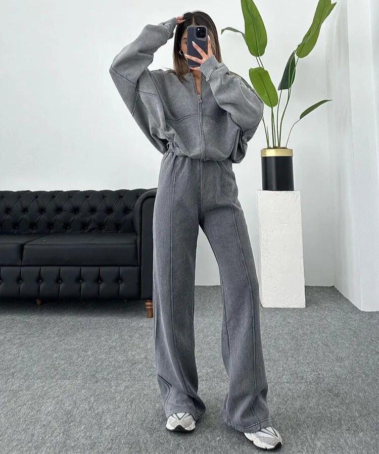 Ensemble Lounge Oversize Élégant pour Femme – Sweat à Zip et Pantalon Large