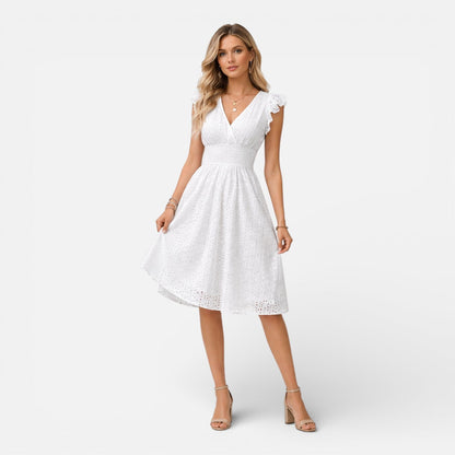 Robe Midi Femme en Dentelle Brodée – Style Élégant Col V Été