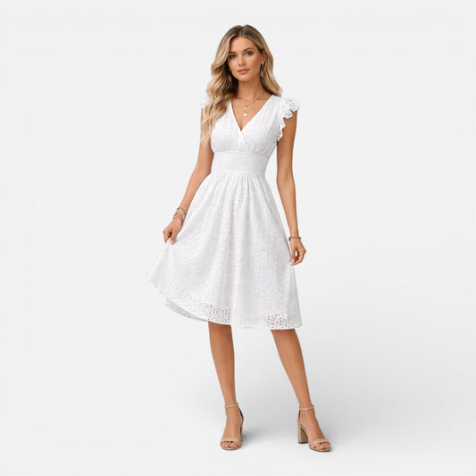 Robe Midi Femme en Dentelle Brodée – Style Élégant Col V Été