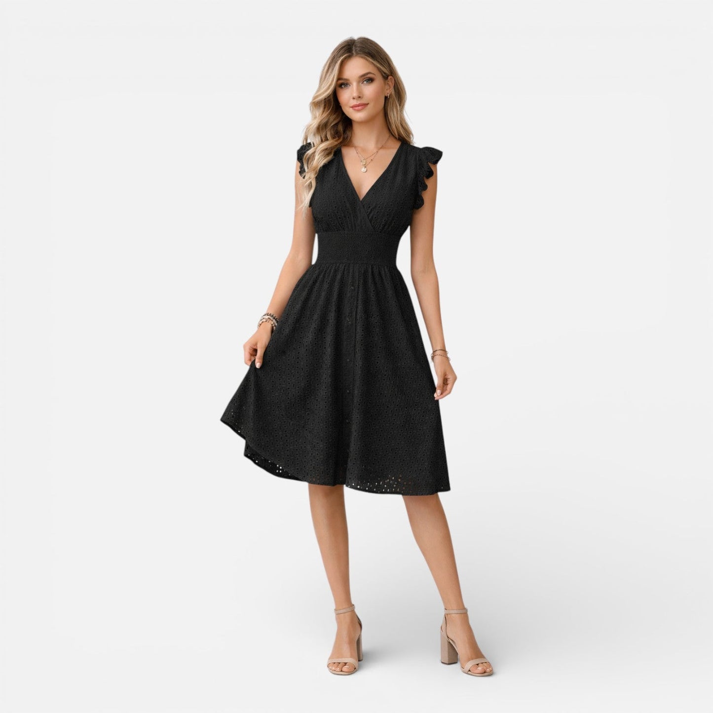 Robe Midi Femme en Dentelle Brodée – Style Élégant Col V Été