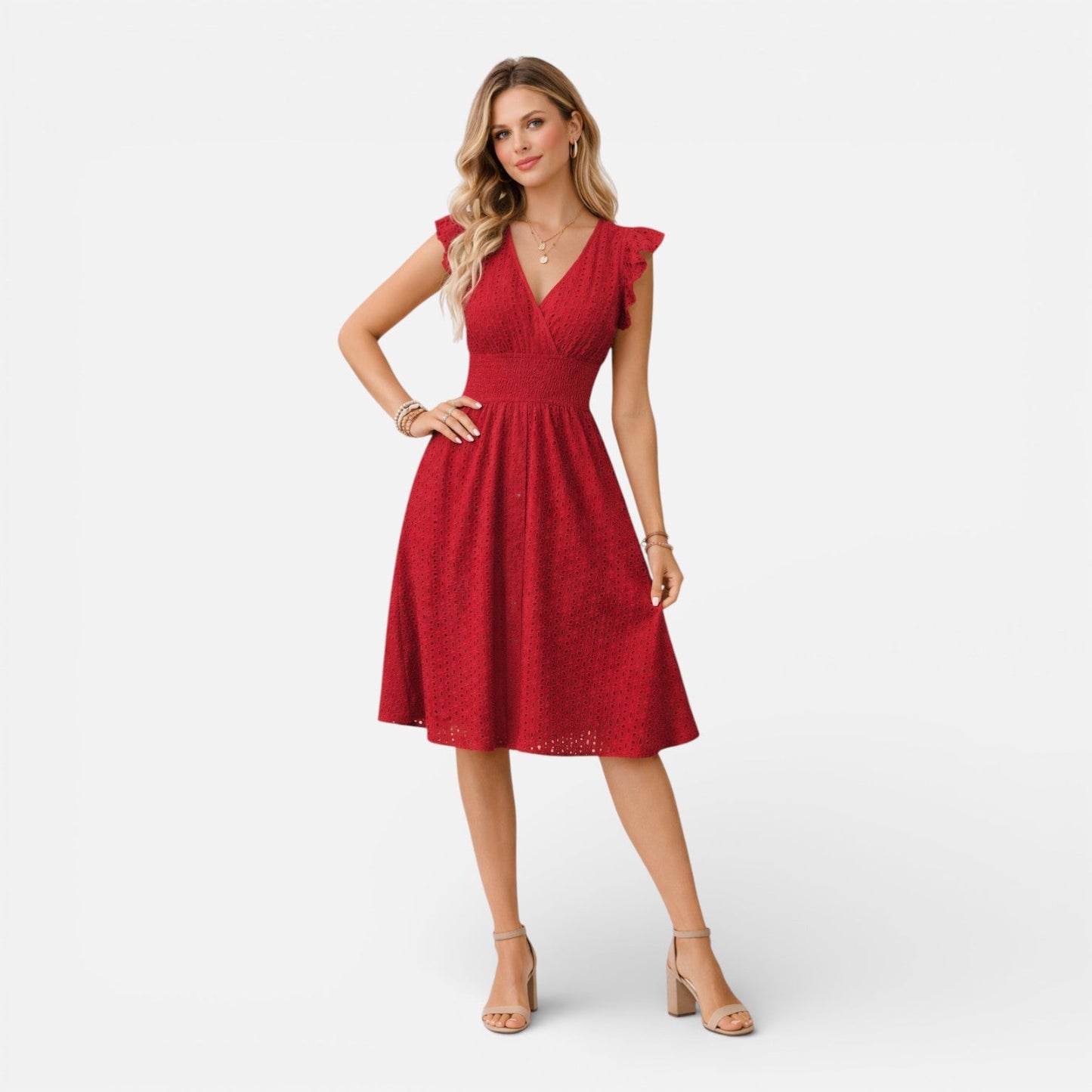 Robe Midi Femme en Dentelle Brodée – Style Élégant Col V Été