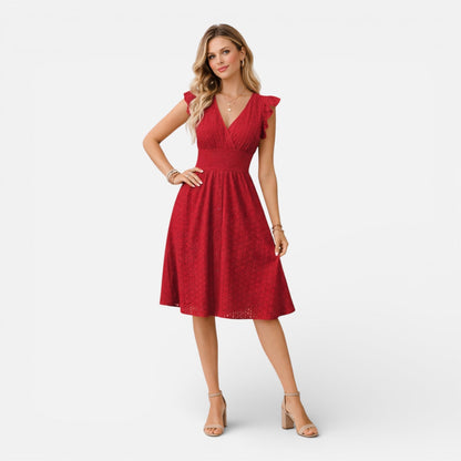 Robe Midi Femme en Dentelle Brodée – Style Élégant Col V Été