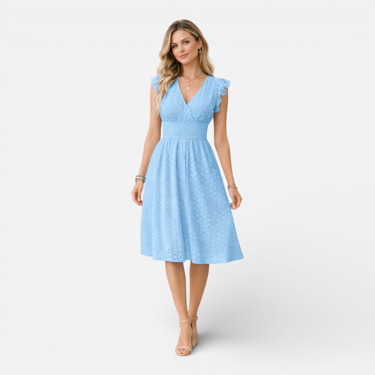 Robe Midi Femme en Dentelle Brodée – Style Élégant Col V Été